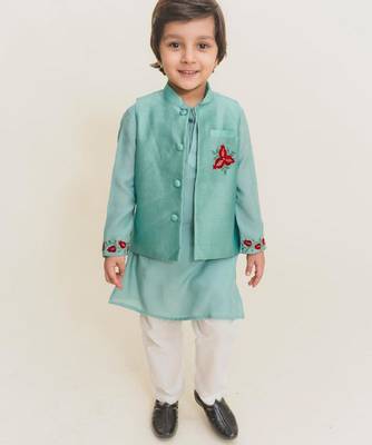 Blue plain cotton nehru jacket set 1
