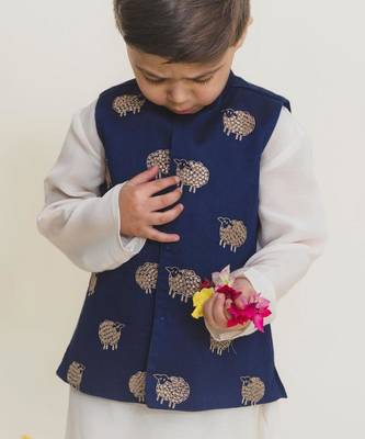 Blue embroidered cotton nehru jacket set 2