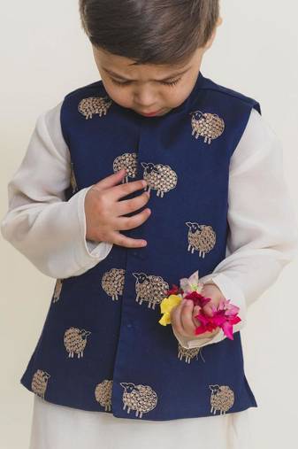 Blue embroidered cotton nehru jacket set