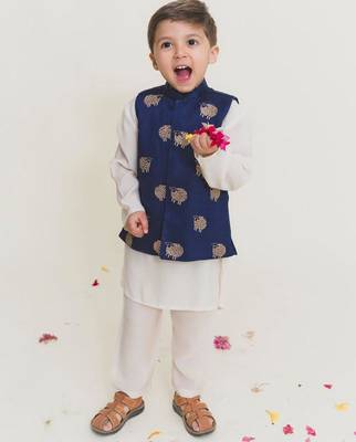 Blue embroidered cotton nehru jacket set 1
