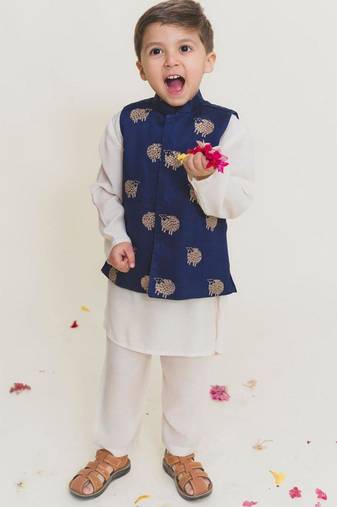 Blue embroidered cotton nehru jacket set