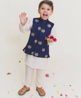 Blue embroidered cotton nehru jacket set 3