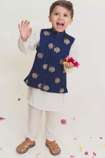 Blue embroidered cotton nehru jacket set