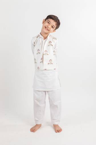 White printed cotton nehru jacket set