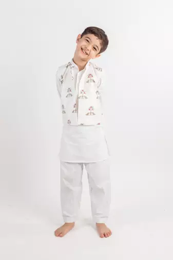 White printed cotton nehru jacket set