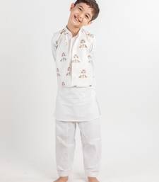 White printed cotton nehru jacket set
