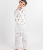 White printed cotton nehru jacket set