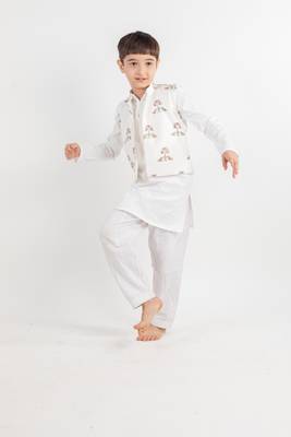 White printed cotton nehru jacket set 2