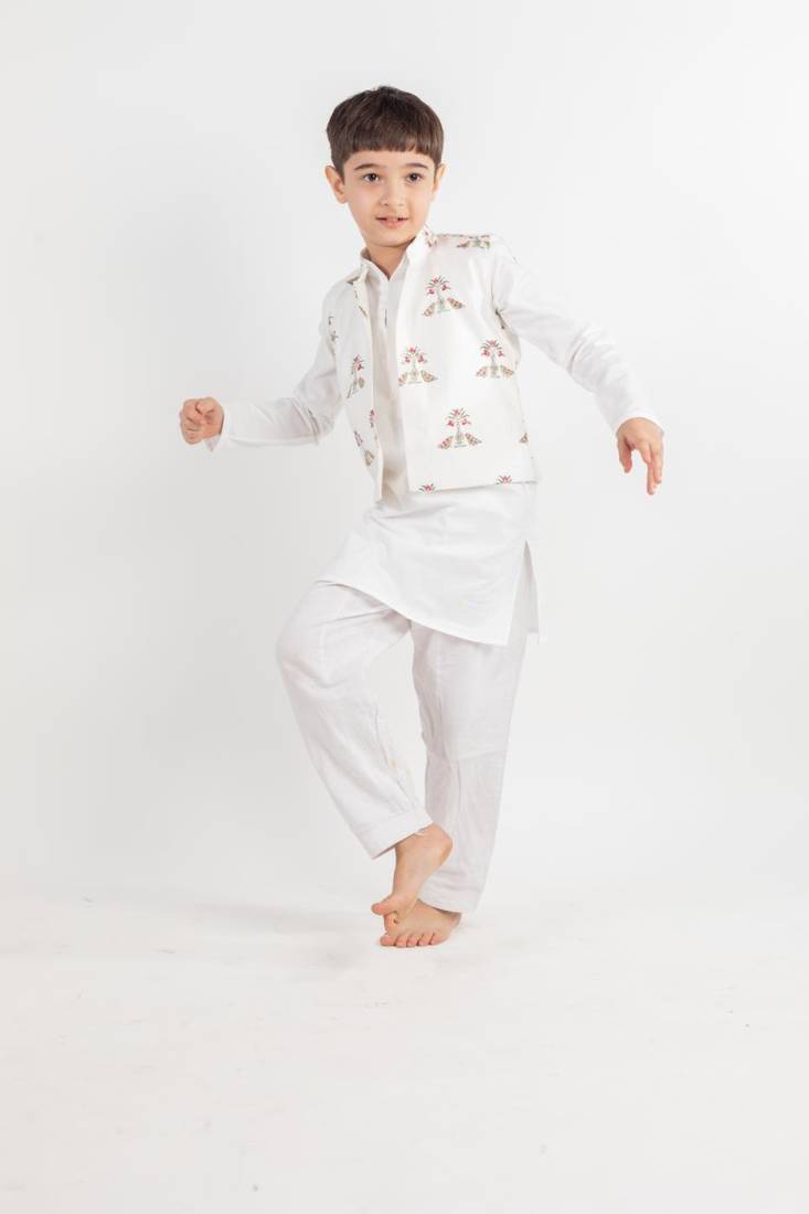 White printed cotton nehru jacket set