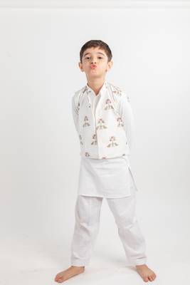White printed cotton nehru jacket set 3