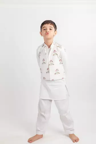 White printed cotton nehru jacket set