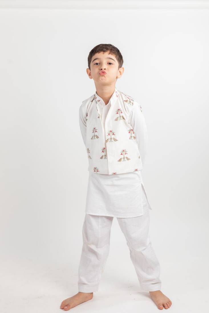 White printed cotton nehru jacket set