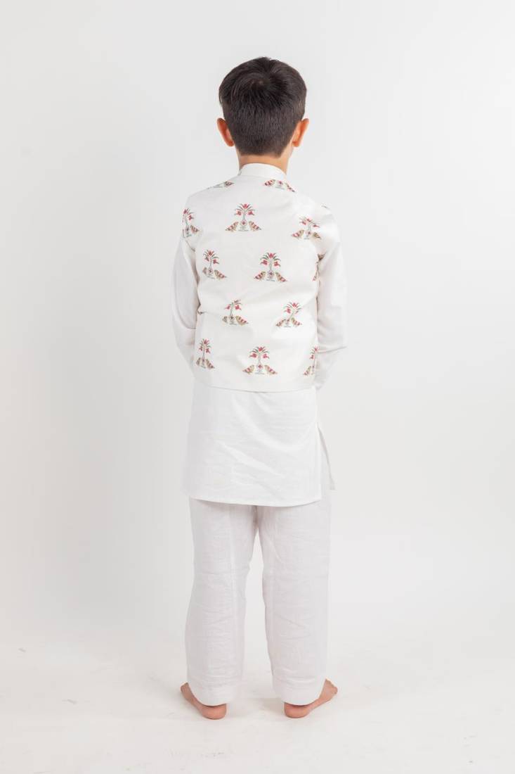 White printed cotton nehru jacket set