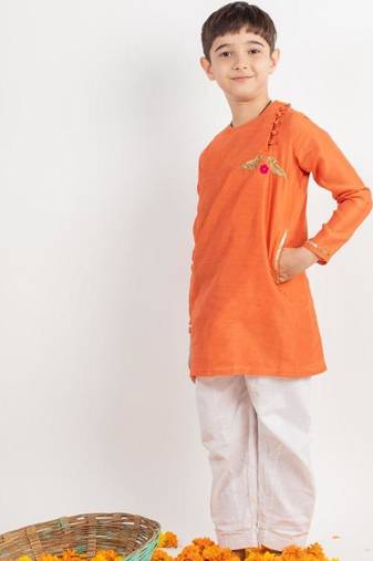 Orange plain cotton kurta pyjama