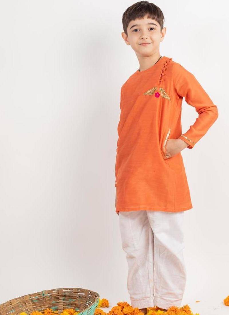 Orange plain cotton kurta pyjama