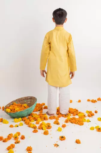 Yellow embroidered cotton kurta pyjama
