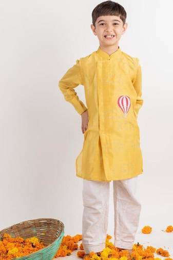 Yellow embroidered cotton kurta pyjama