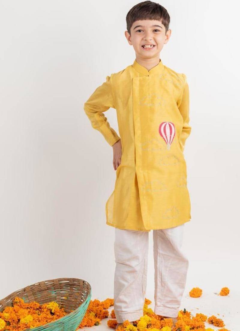 Yellow embroidered cotton kurta pyjama