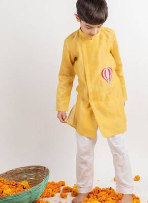 Yellow embroidered cotton kurta pyjama 3