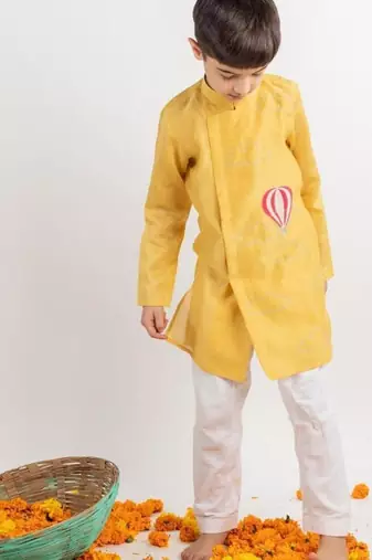Yellow embroidered cotton kurta pyjama