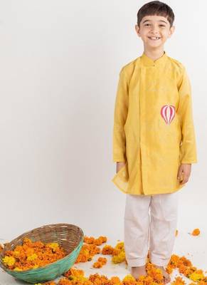 Yellow embroidered cotton kurta pyjama 4