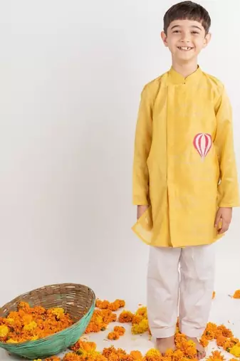 Yellow embroidered cotton kurta pyjama