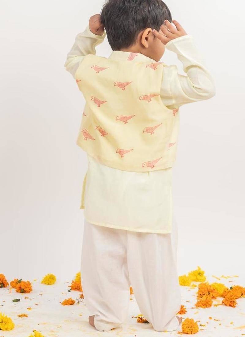 Green printed cotton nehru jacket set