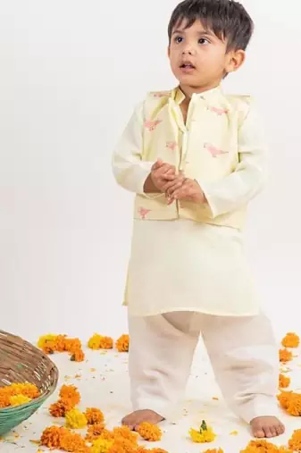 Green printed cotton nehru jacket set