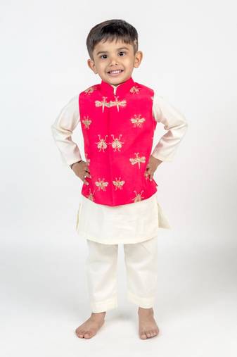 Pink embroidered cotton nehru jacket set