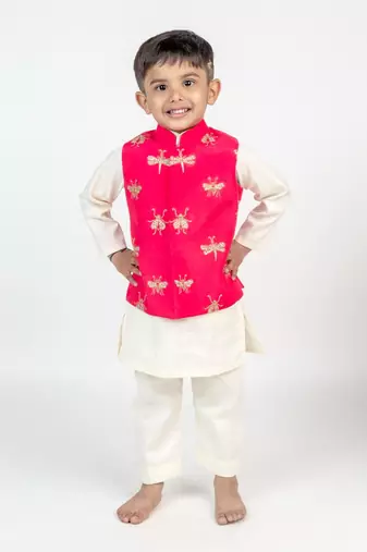 Pink embroidered cotton nehru jacket set