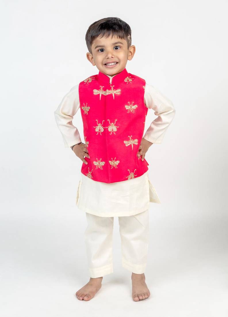 Pink embroidered cotton nehru jacket set