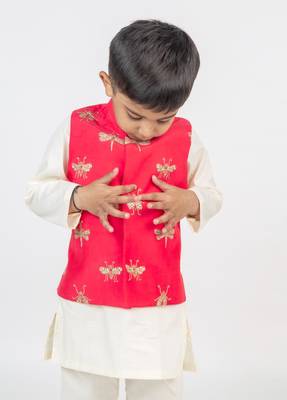 Pink embroidered cotton nehru jacket set 2
