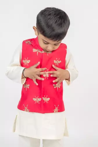 Pink embroidered cotton nehru jacket set