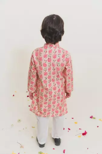 Peach printed cotton kurta pyjama