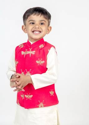 Pink embroidered cotton nehru jacket set 3