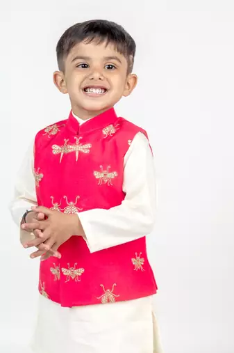 Pink embroidered cotton nehru jacket set