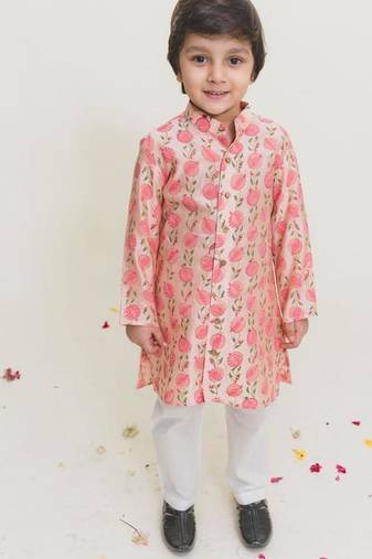 Peach printed cotton kurta pyjama