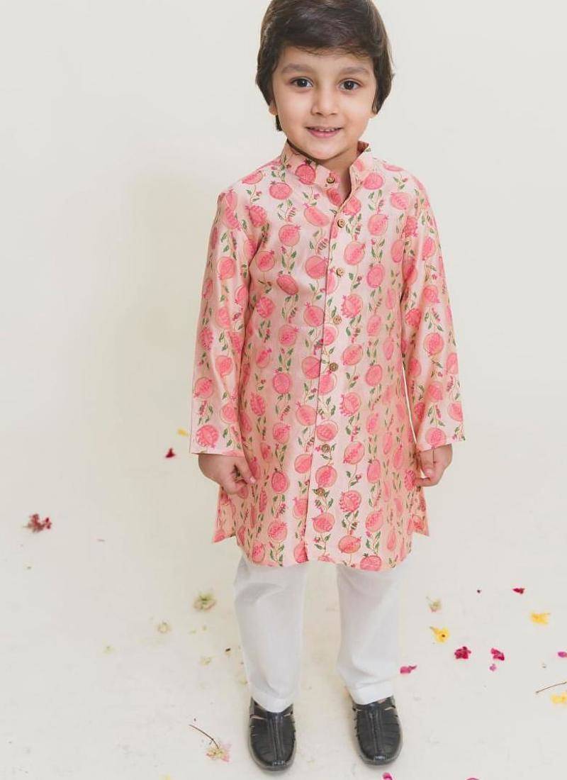 Peach printed cotton kurta pyjama