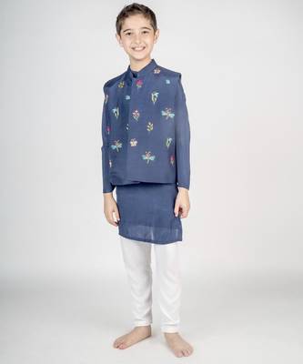 Blue embroidered cotton nehru jacket set 1