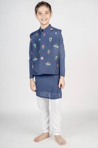 Blue embroidered cotton nehru jacket set