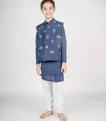 Blue embroidered cotton nehru jacket set