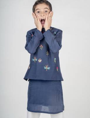 Blue embroidered cotton nehru jacket set 3