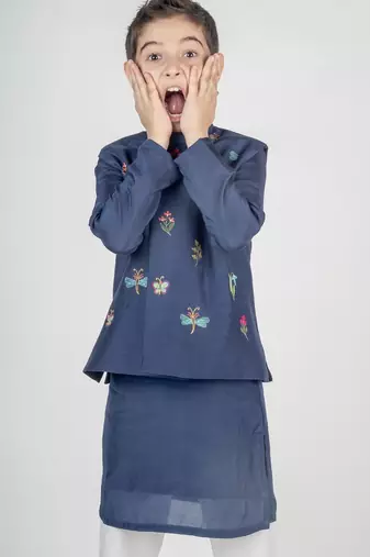 Blue embroidered cotton nehru jacket set