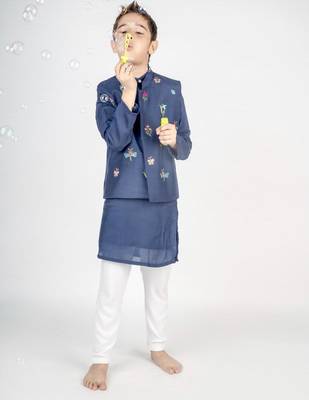Blue embroidered cotton nehru jacket set 4