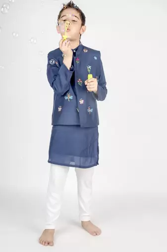 Blue embroidered cotton nehru jacket set