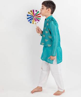 Teal embroidered cotton nehru jacket set 2