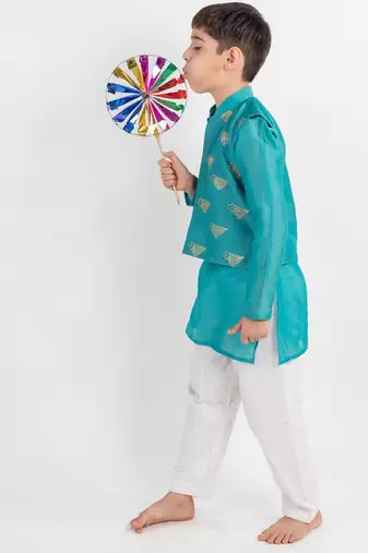 Teal embroidered cotton nehru jacket set