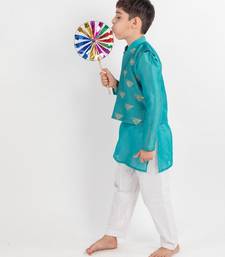 Teal embroidered cotton nehru jacket set