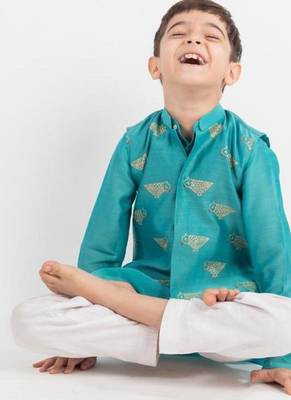 Teal embroidered cotton nehru jacket set 3