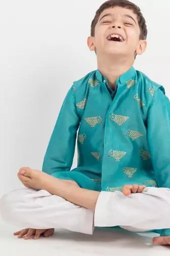 Teal embroidered cotton nehru jacket set